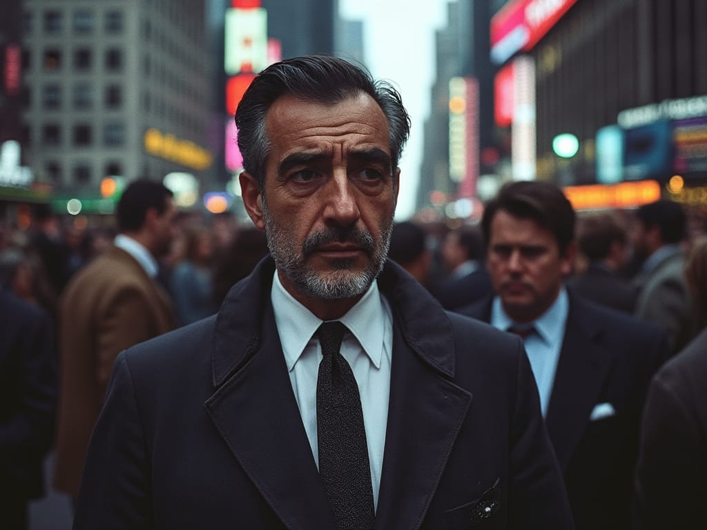 AI-generated illustration of a man in a dark suit standing in a crowded New York City street, depicting Nassim Taleb during the 1987 stock market crash.